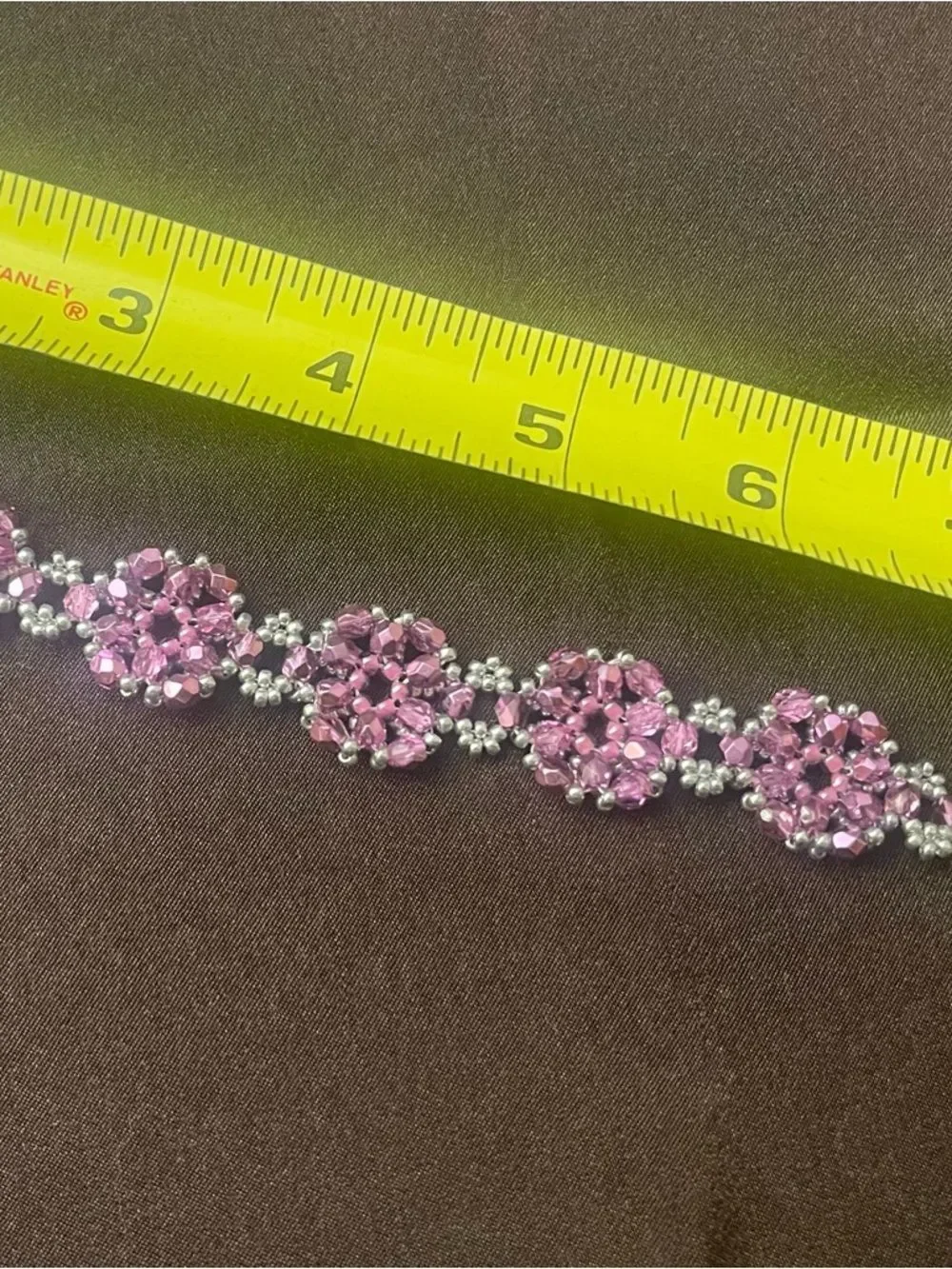 Handcrafted Pink and Silver Beaded Floral Bracelet - for prom or a special event